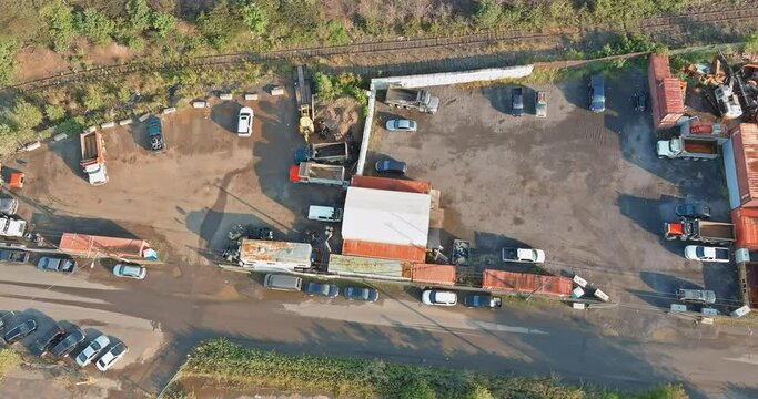 Aerial view industry recycle old machine technician separate classification part of irons metals