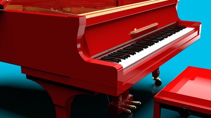 Fototapeta na wymiar Ref-Gold Grand Piano under sky blue background. 3D illustration. 3D high quality rendering. 