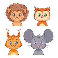 Cute baby animal portraits: hedgehog, owl, squirrel, mouse. Vector illustration. Collection of smiling cartoon characters isolated on white background.