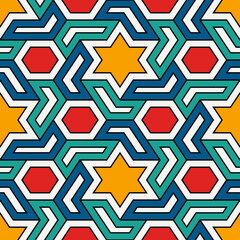 Oriental ancient mosaic seamless pattern. Arabesque ornament. Repeated geometric figures, hexagons, stars surface print