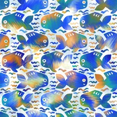 Naklejka premium Batik fish tie dye wash background. Mottled underwater swimming fishes for beach swimwear. Fun summer trendy beach fashion print. Digital fluid watercolor effect. High resolution seamless pattern.