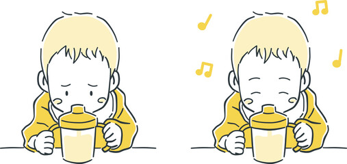 自分でミルクを飲む赤ちゃんのイラスト素材