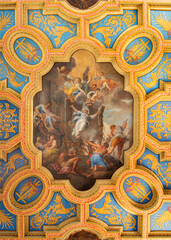 ROME, ITALY - SEPTEMBER 2, 2021: The fresco of Martirdom of St. Anastasia of  Sirmio on the ceiling...