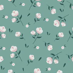 Flower seamless pattern with  floral and leaves, Vector nature illustration in vintage  style on green background.