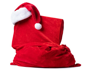 Santa Claus red bag with hat and gift box packed in red cloth, isolated on white background. File contains a path to isolation.