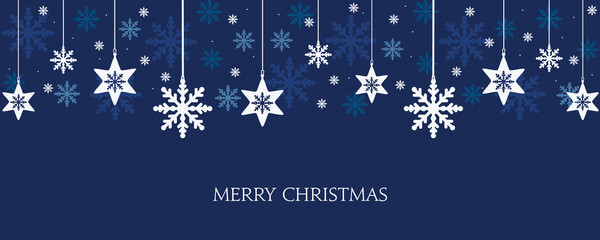 Xmas banner with snowflakes hanging. Vector design of winter holidays on blue background. Merry Christmas greeting card.