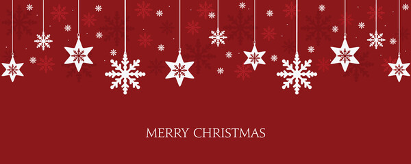  Christmas banner with snowflakes hanging. Vector design of winter holidays on red background. Merry Christmas greeting card.