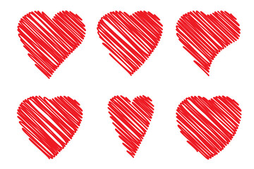 Marker red heart icons set. Felt pen drawing. Romantic background. Love symbol. Vector illustration. Stock image. 