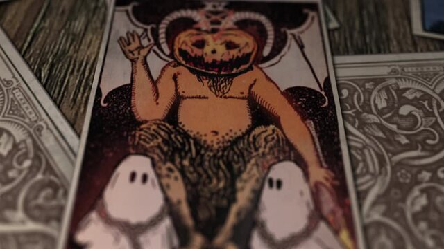 Mysterious Scary Devil Tarot Card With Halloween Design. Spooky Witchcraft Card Art Divinates Shadow Self And Attachment. Spooky Witchcraft Ritual Halloween Art