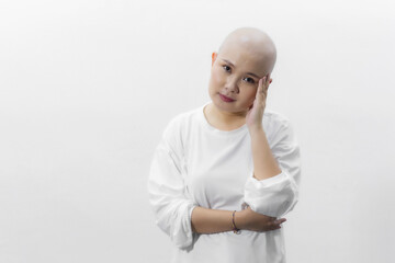 Asian woman breast cancer survivor studio portrait on white background