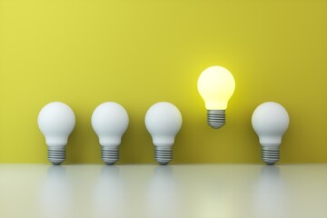 One glowing light bulb standing out from the unlit incandescent bulbs on yellow background with reflection , individuality and different creative idea concepts . 3D rendering.