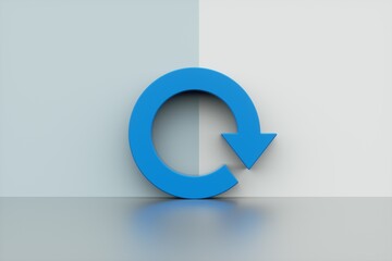 Blue Refresh icon isolated on blue background. Reload symbol. Rotation arrows in a circle sign. Minimalism concept. 3d rendering.