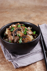 Nasi jamur. Rice mushroom or risotto with rice and mushrooms.