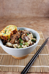 Nasi jamur. Rice mushroom or risotto with rice and mushrooms, served with rolled omelette.