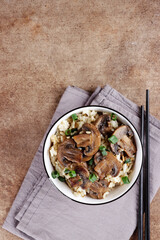 Nasi jamur. Rice mushroom or risotto with rice and mushrooms.