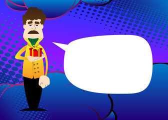 Funny cartoon man dressed for winter holding small gift box. Vector illustration.