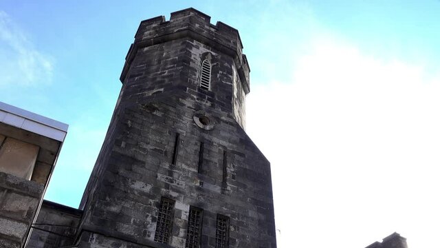 Medieval style tower with parapet at Eastern State Penitentiary.