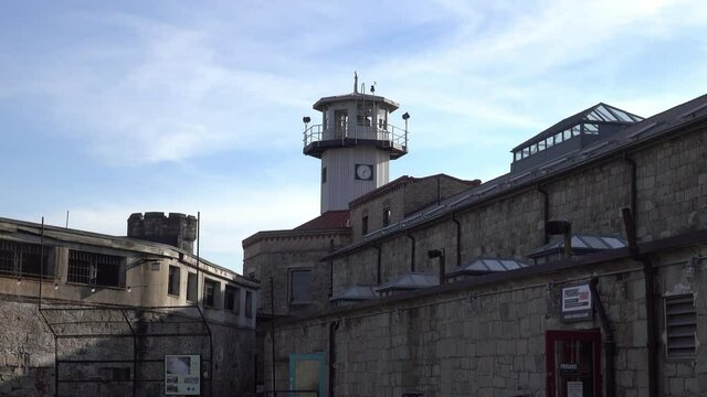 Guard tower, cellblocks and baseball backstop at Eastern State Penitentiary.