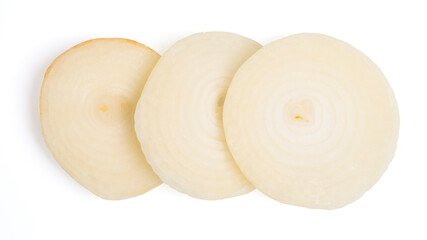 Top view Slice onions on white background.