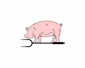 Pig on the BBQ grill tools illustration logo
