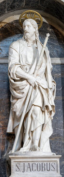 ROME, ITALY - AUGUST 28, 2021: The marble statue of St. James the Greater in the church Chiesa san Giacomo in Augusta by Ippolito Buzio (1602).
