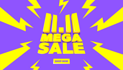 11.11 Mega sale banner template. Global shopping world day Sale on colorful background. 11.11 Crazy sales online.