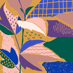 Abstract Art Collage with Monstera Leaves in a Minimal Trendy Style. Floral Background in a Contemporary Style. Vector