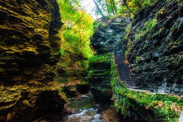 Waterfalls run into Glen Creek at Rainbow Falls at Watkins Glen State Park in Upstate NY.
