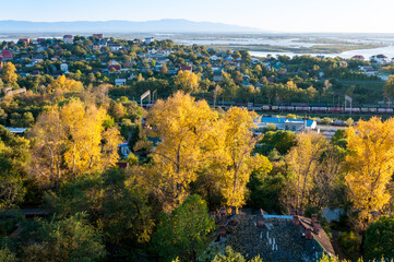 Autumn landscape: the Amur River and country houses near the city of Khabarovsk