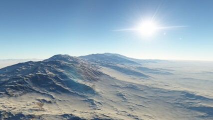 Exoplanet fantastic landscape. Beautiful views of the mountains and sky with unexplored planets. 3D illustration