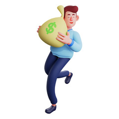 3D Workman Cartoon Illustration holding a sack of money