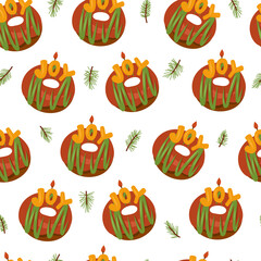 Christmas seamless pattern with donuts and candle JOY on white background.