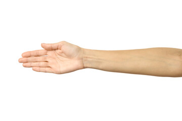 Giving hand for handshake. Woman hand gesturing isolated on white