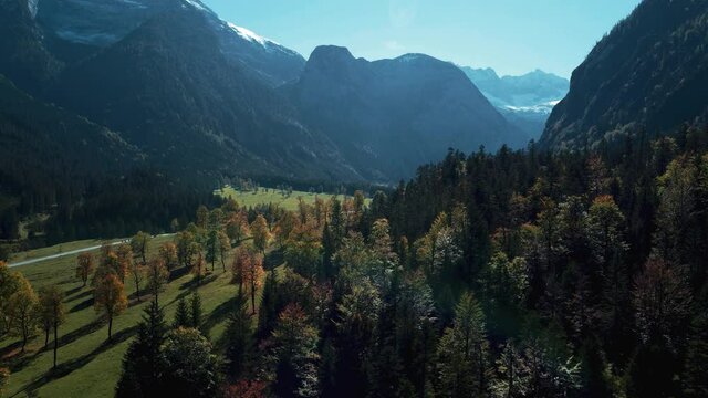 Colorful vibrant maple trees with red and yellow fall leaves in sunny autumn in the alps mountains in Tyrol, Austria at scenic Ahornboden forest at Rissach Engtal with blue sky. Aerial drone hiking.