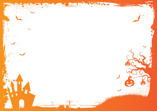 Halloween gradient orange background with grunge border, bat, pumpkin