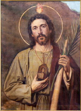 ROME, ITALY - AUGUST 28, 2021: The painting of apostle St. Jude Thaddeus in the church Chiesa dei Santi Vincenzo e Anastasio a Trevi by unknown artist of 20. cent.