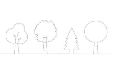 vector illustration of set trees hand-drawn continuous lines. on white background