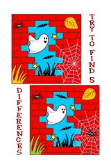 Halloween find differences visual puzzle or picture riddle with spooky little ghost in tne night, red brick wall ruin, spider, bats. 

