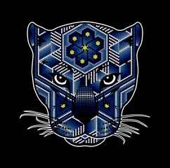 Foto op Plexiglas vector illustration of colorful beaded wild cat head which could be a jaguar, cougar, leopard, etc.  Inspired in mexican huichol art. Isolated on black background. © Sergio Hayashi