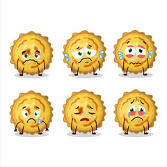 Custard tart cartoon character with sad expression