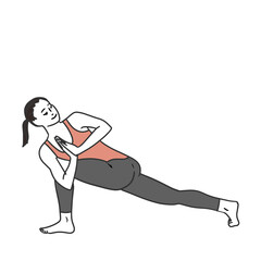 ヨガのポーズのプレイヤーズツイストをとる笑顔の若い日本人女性の白バックの線画イラスト