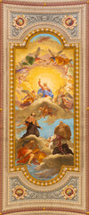 ROME, ITALY - AUGUST 28, 2021: The ceiling fresco of Apotheosis of St. Francis Xavier in the church Oratorio di San Francesco Saverio by unknown artist. of 19 cent.