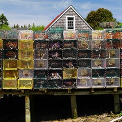 low tide on a Maine fishing village shows a working dock filled to the max with lobster traps or lobster pots waiting to be loaded at high tide onto lobster boats