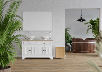 3D Modern interior of bathroom with mockup poster frame