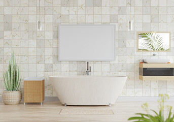 3D Modern interior of bathroom with mockup poster frame