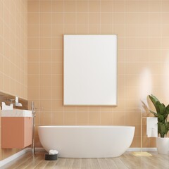 3D Modern interior of bathroom with mockup poster frame