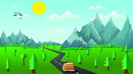 Zelfklevend Fotobehang Berglandschap vectorillustratie, Road trip cartoon platte kunst. © Surkhab