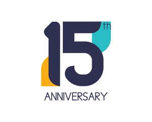 15th anniversary geometric logo. Overlap shapes for birthday design. Minimalist fifteen year celebration - obrazy, fototapety, plakaty