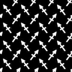 Sagittarius black and white seamless pattern vector. White hand-drawn arrows isolated on black endless texture. Horoscope symbols monochrome pattern vector
