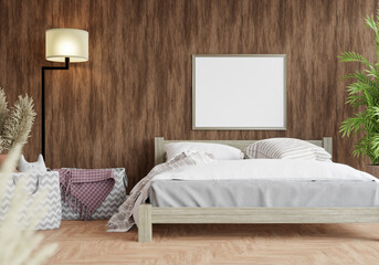 3D Modern interior of bedroom with mockup photo frame